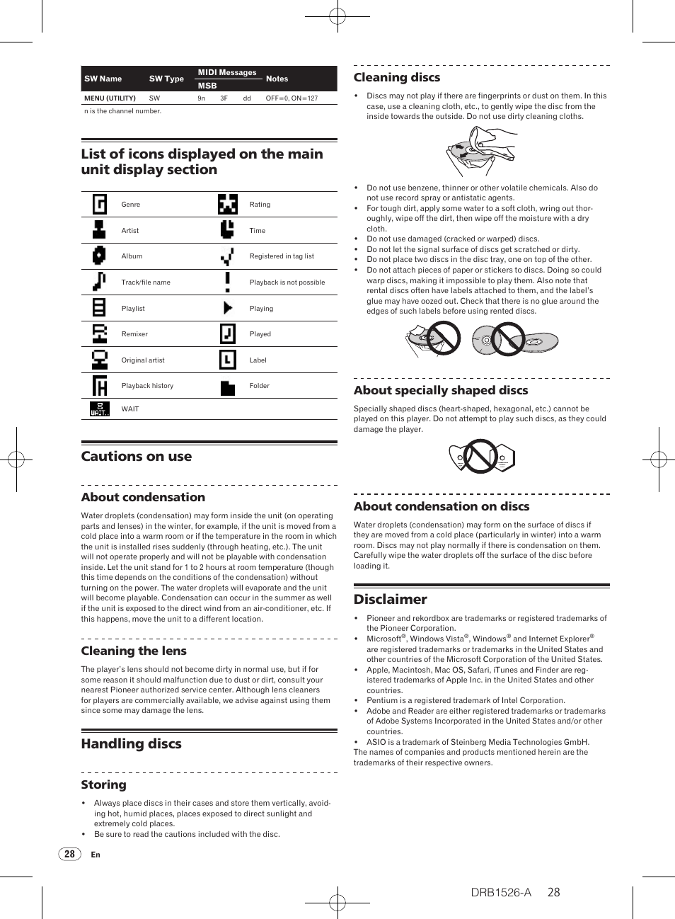 Cautions on use, Handling discs, Disclaimer | About condensation, Cleaning the lens, Storing, Cleaning discs, About specially shaped discs, About condensation on discs | Pioneer CDJ-850 User Manual | Page 28 / 32