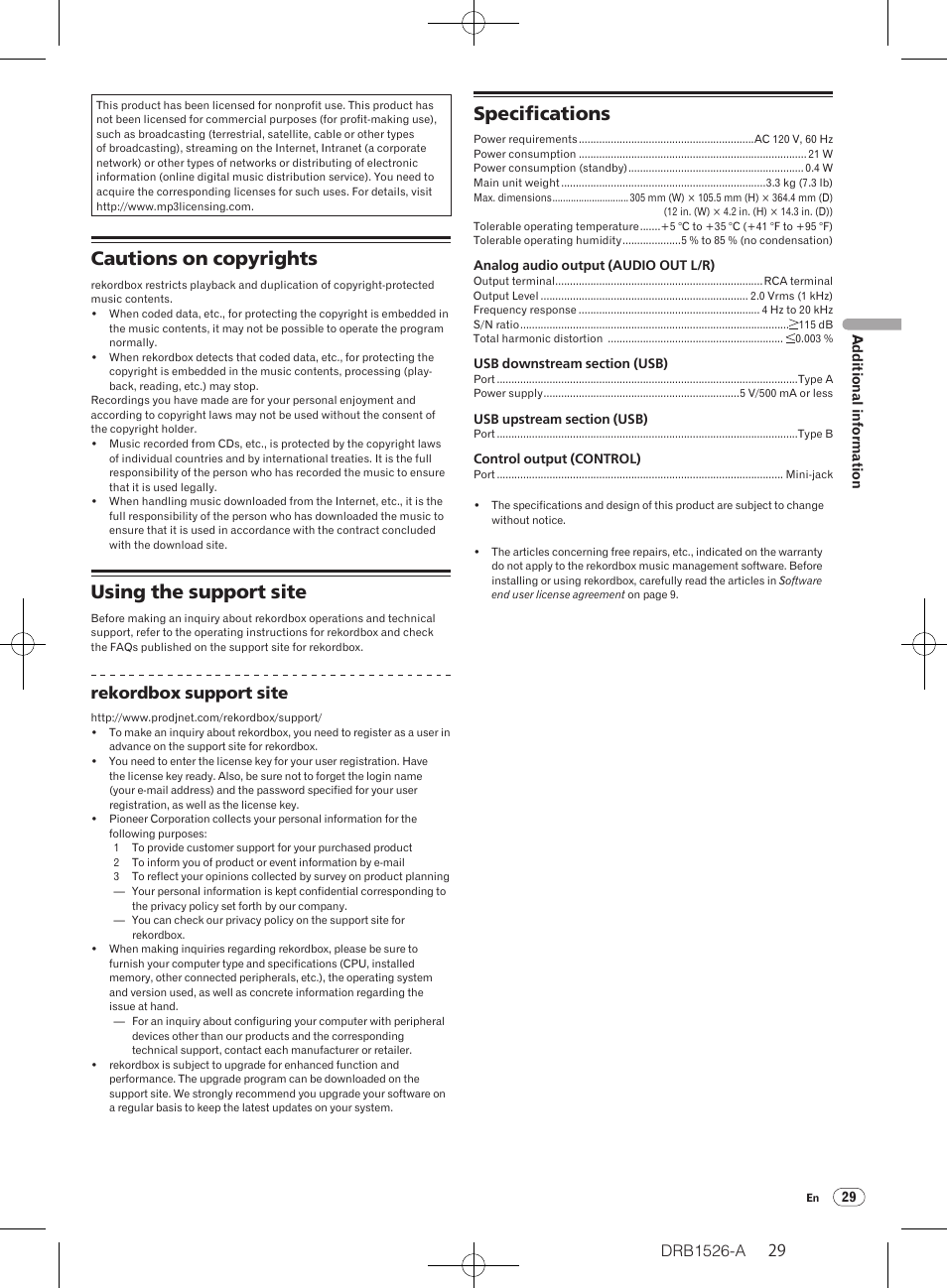 Cautions on copyrights, Using the support site, Specifications | Rekordbox support site | Pioneer CDJ-850 User Manual | Page 29 / 32