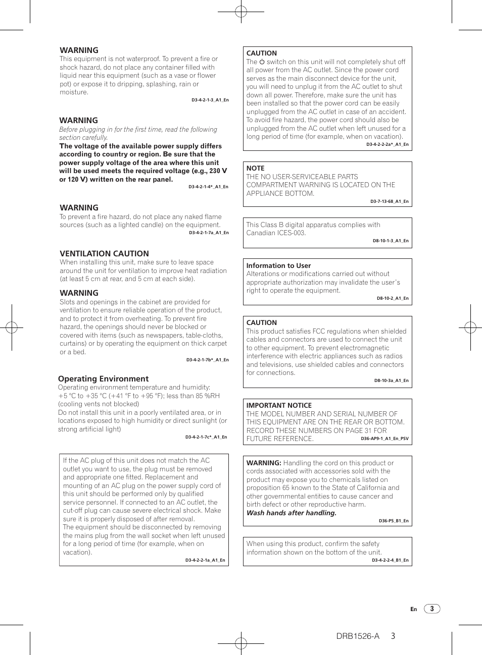 Warning, Ventilation caution, Operating environment | Pioneer CDJ-850 User Manual | Page 3 / 32