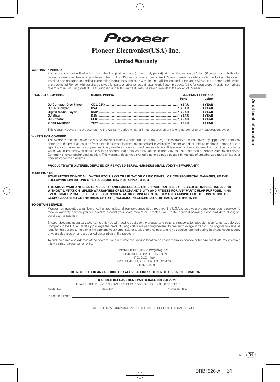 Pioneer electronics(usa) inc, Limited warranty, 31 additional information | Pioneer CDJ-850 User Manual | Page 31 / 32