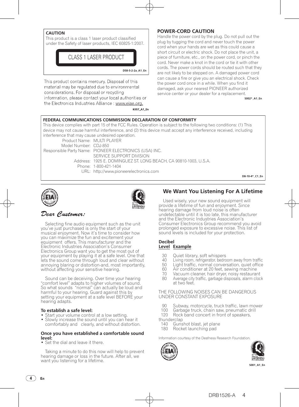Class 1 laser product | Pioneer CDJ-850 User Manual | Page 4 / 32