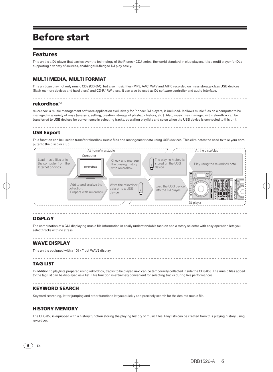 Before start, Features | Pioneer CDJ-850 User Manual | Page 6 / 32