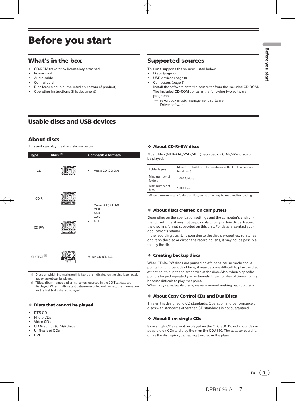 Before you start, What’s in the box, Supported sources | Usable discs and usb devices, About discs | Pioneer CDJ-850 User Manual | Page 7 / 32