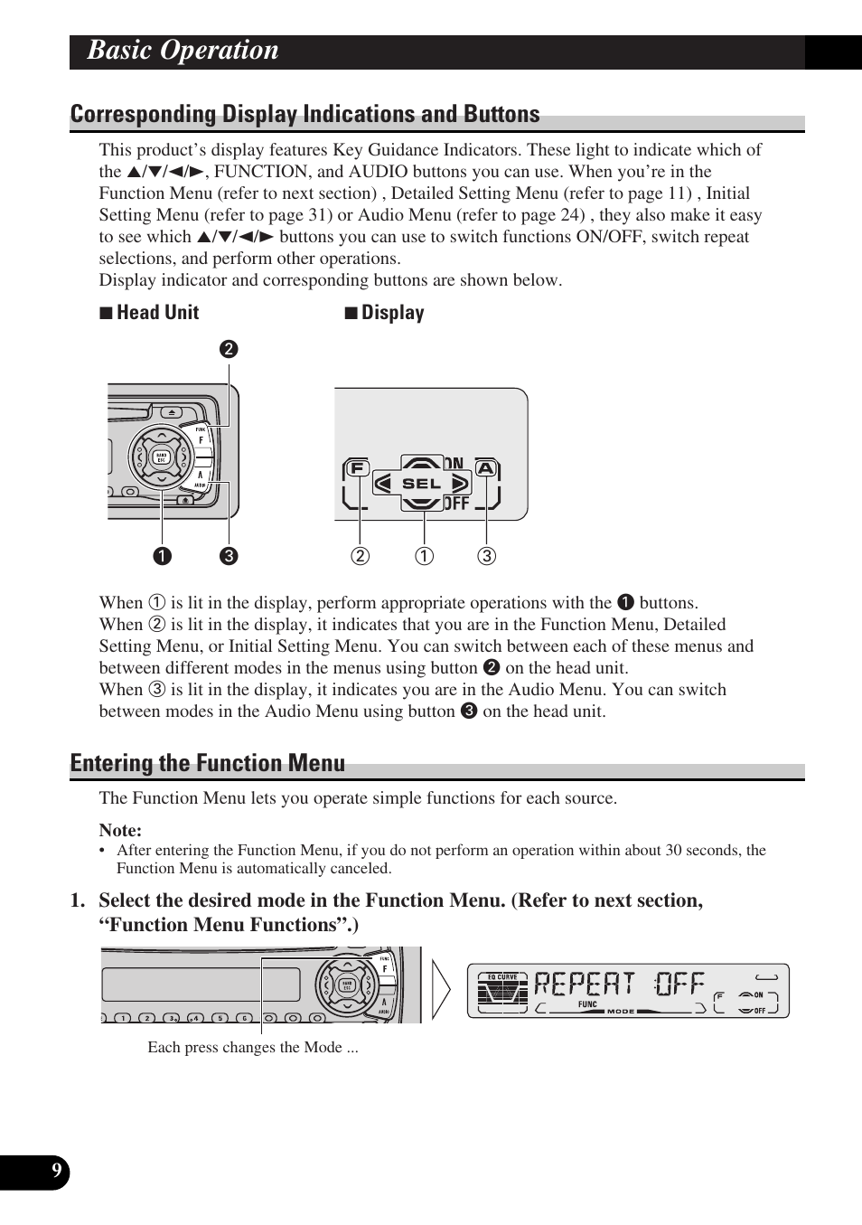 Corresponding display indications and, Buttons, Entering the function menu function menu functions | Basic operation, Corresponding display indications and buttons, Entering the function menu | Pioneer DEH-P3150-B User Manual | Page 10 / 116