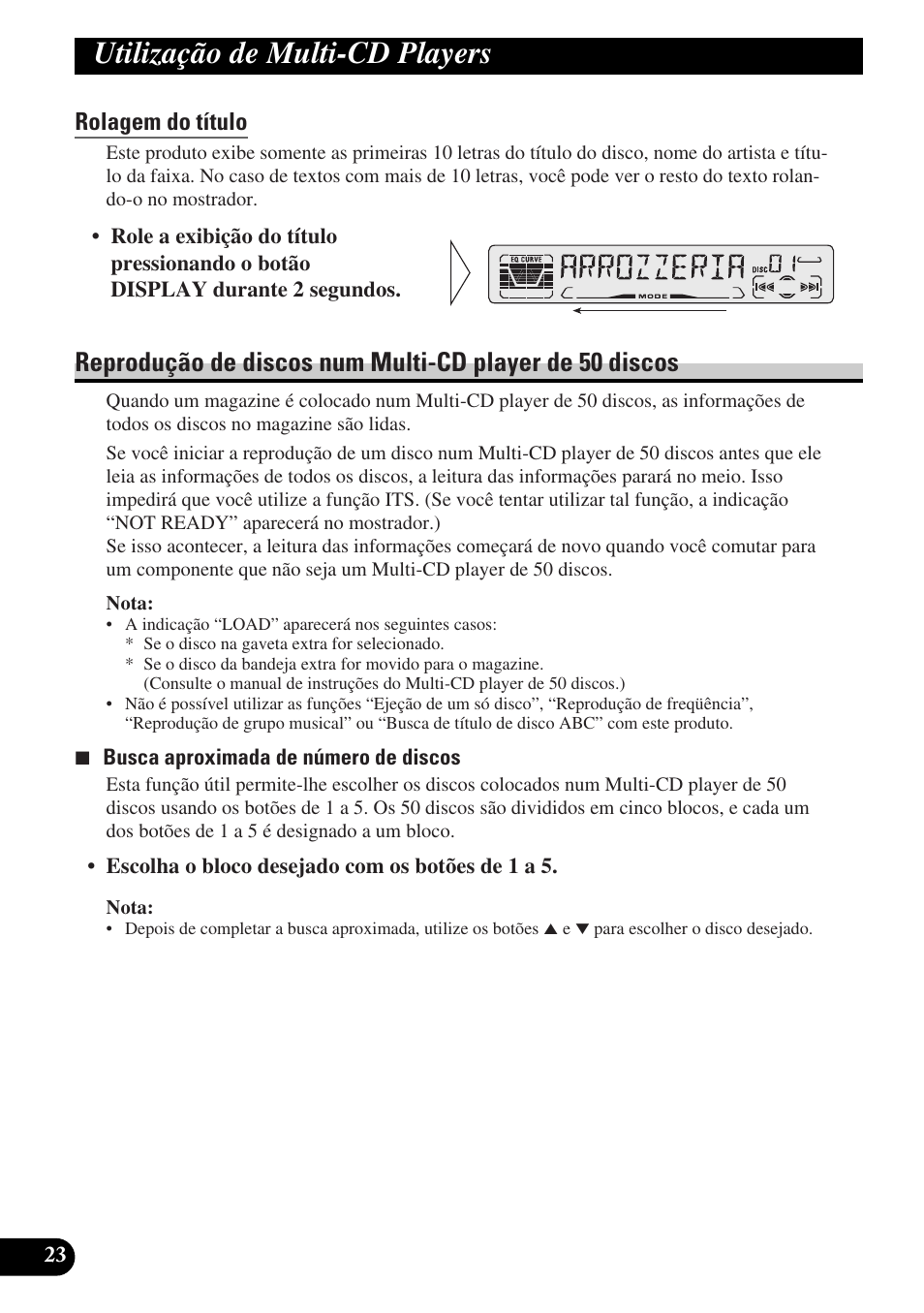 Rolagem do título, Reprodução de discos num multi-cd, Player de 50 discos | Ajuste de áudio, Utilização de multi-cd players | Pioneer DEH-P3150-B User Manual | Page 100 / 116