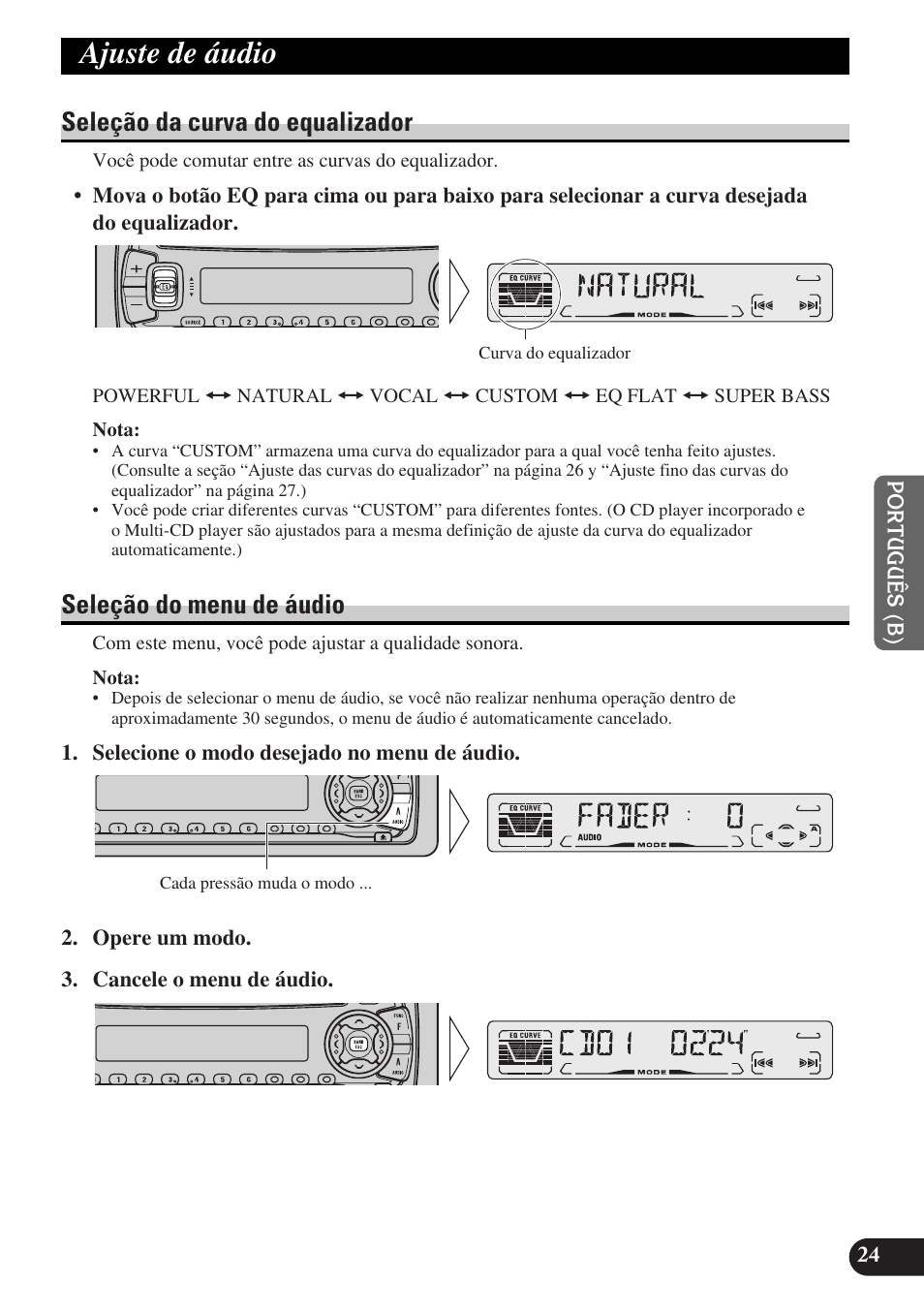 Ajuste de áudio, Seleção da curva do equalizador, Seleção do menu de áudio | Pioneer DEH-P3150-B User Manual | Page 101 / 116