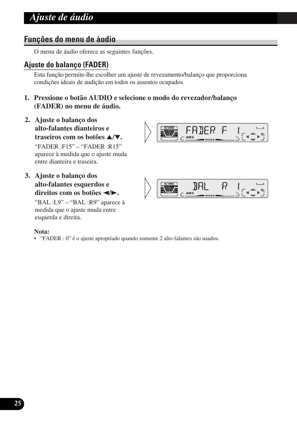 Funções do menu de áudio, Ajuste do balanço (fader), Ajuste das curvas do equalizador (eq-low/mid/high) | Ajuste de áudio | Pioneer DEH-P3150-B User Manual | Page 102 / 116