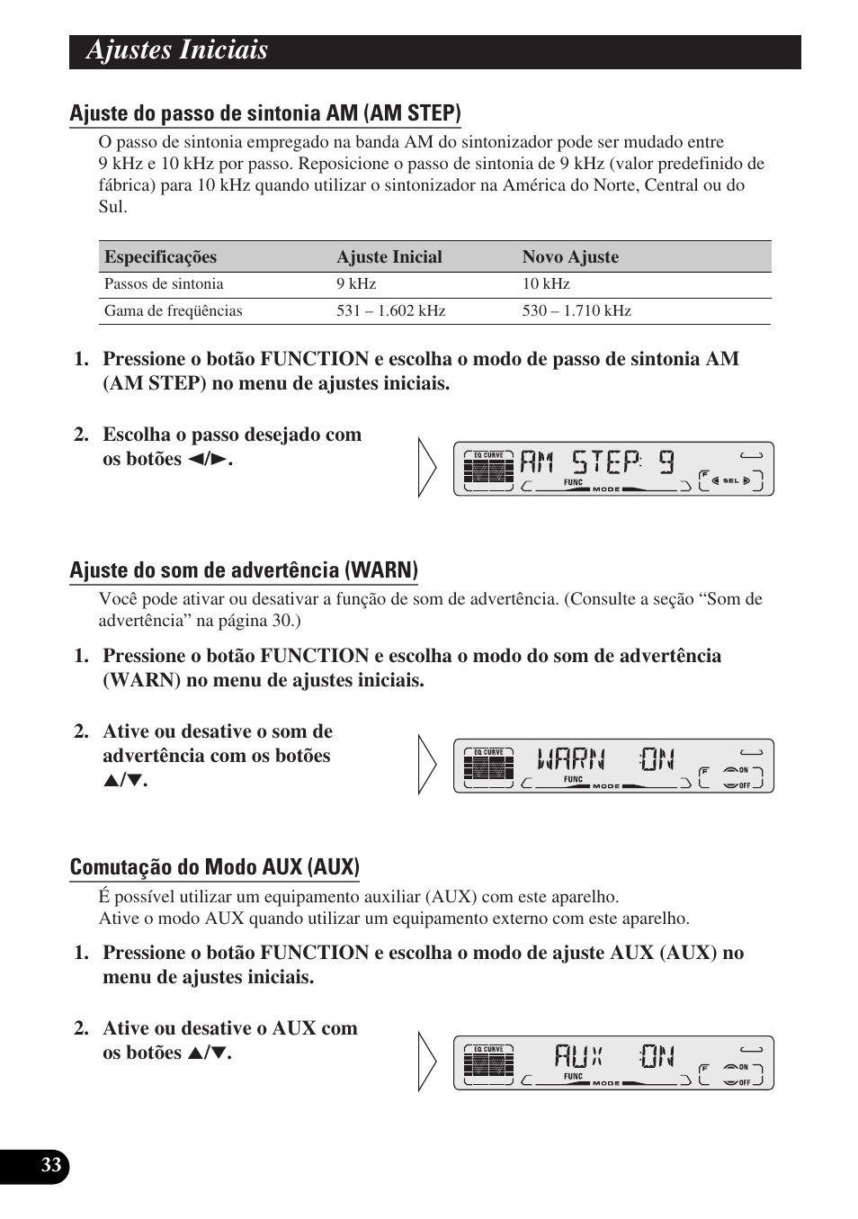 Ajuste do passo de sintonia am (am step), Ajuste do som de advertência (warn), Comutação do modo aux (aux) | Outras funções, Exibição das horas, Para exibir as horas, Utilização do botão program, Pgm-func), Configuração do botão program, Ajustes iniciais | Pioneer DEH-P3150-B User Manual | Page 110 / 116