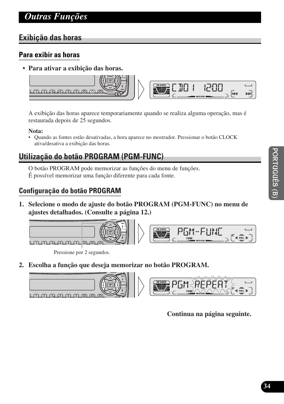 Outras funções, Exibição das horas, Utilização do botão program (pgm-func) | Pioneer DEH-P3150-B User Manual | Page 111 / 116