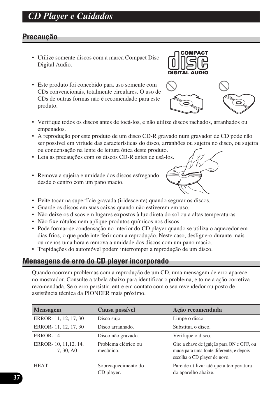 Cd player e cuidados, Precaução mensagens de erro do cd player, Incorporado | Especificações, Precaução, Mensagens de erro do cd player incorporado | Pioneer DEH-P3150-B User Manual | Page 114 / 116