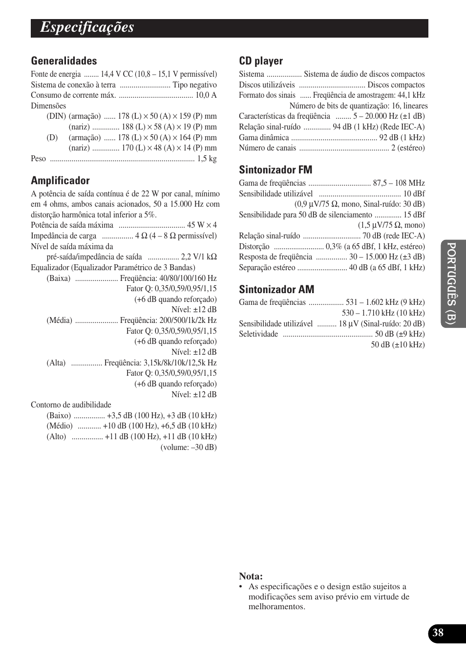 Especificações | Pioneer DEH-P3150-B User Manual | Page 115 / 116