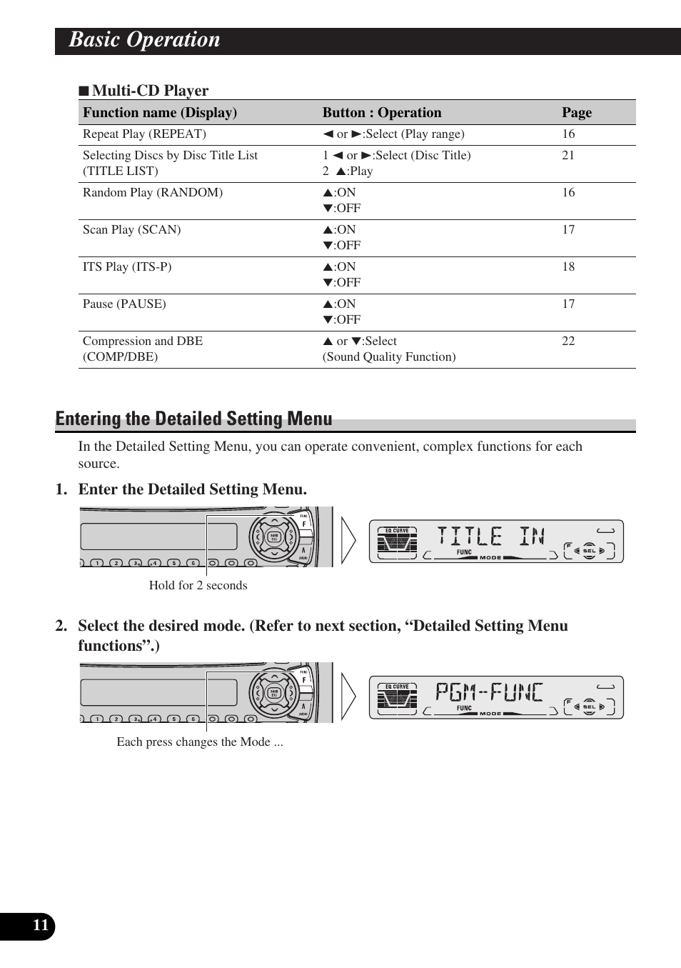 Tuner operation, Basic operation, Entering the detailed setting menu | Pioneer DEH-P3150-B User Manual | Page 12 / 116