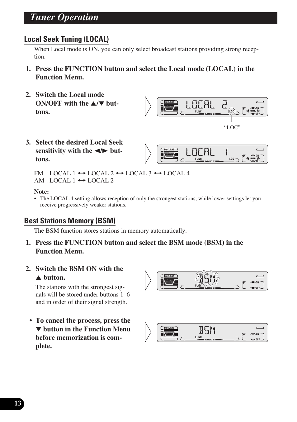 Local seek tuning (local), Best stations memory (bsm), Using the built-in cd player | Repeat play (repeat), Random play (random), Tuner operation | Pioneer DEH-P3150-B User Manual | Page 14 / 116