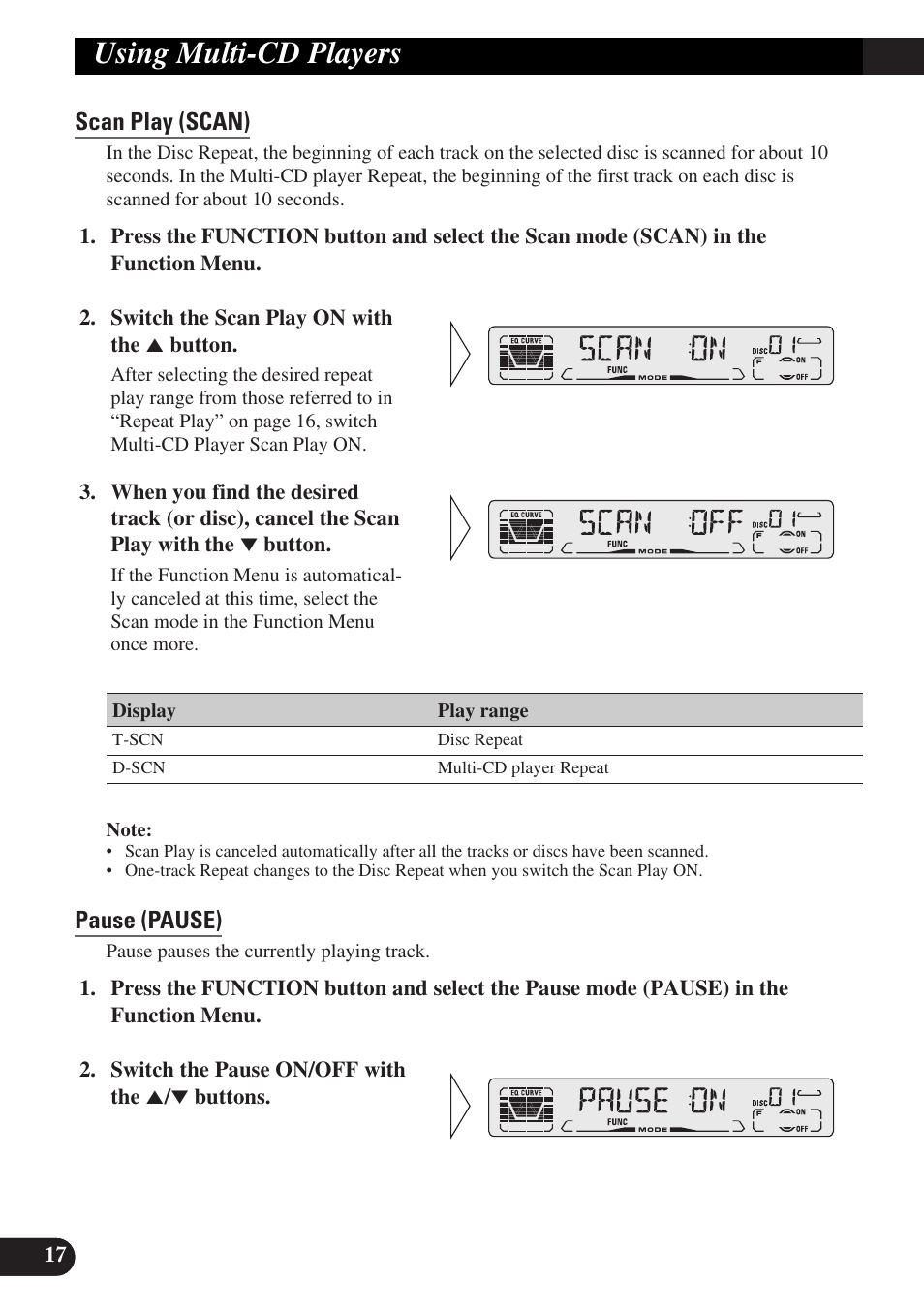 Scan play (scan), Pause (pause), Its (instant track selection) | Its programming (its), Its play (its-p), Using multi-cd players | Pioneer DEH-P3150-B User Manual | Page 18 / 116
