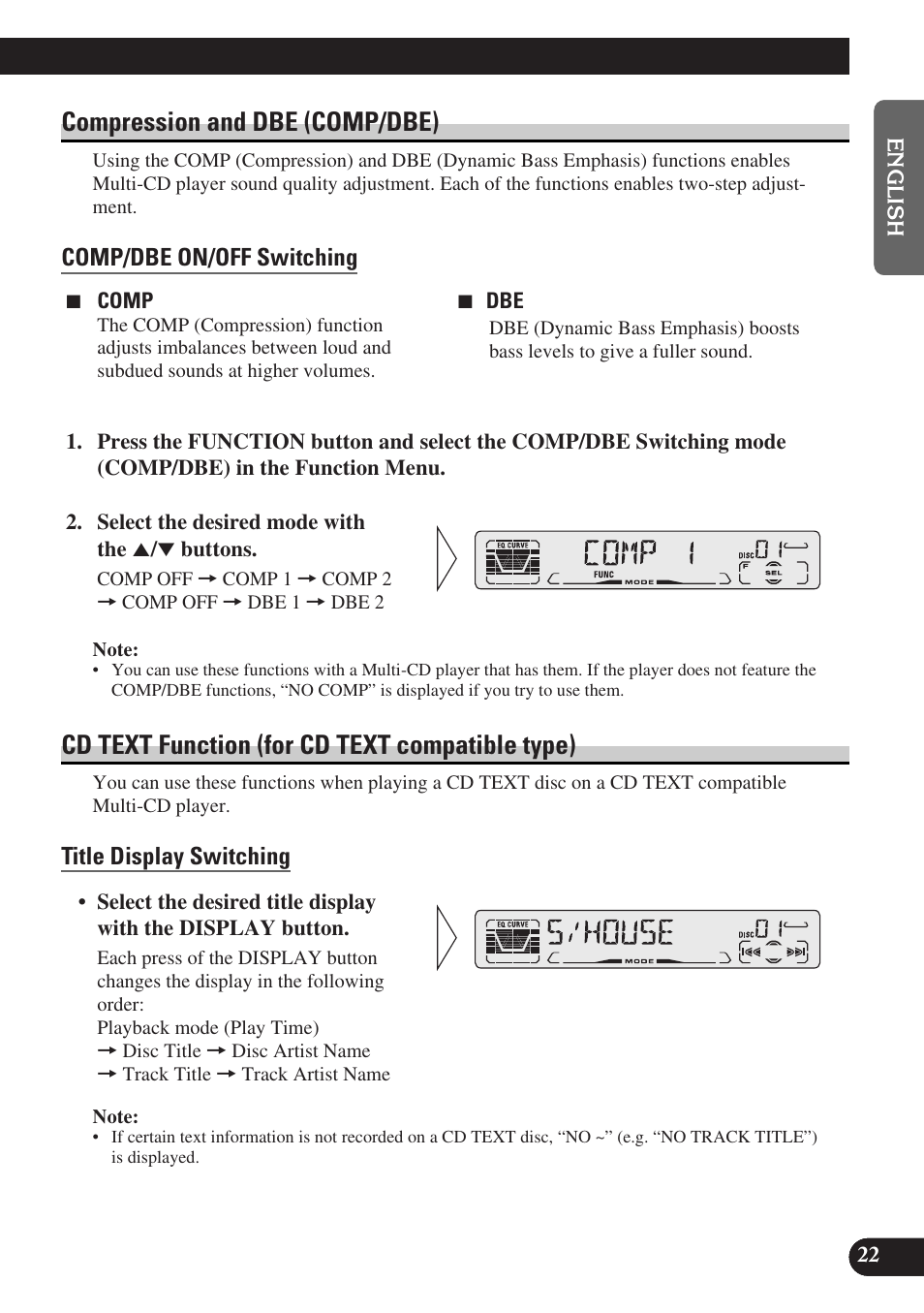 A title (english), Compression and dbe (comp/dbe), Cd text function (for cd text compatible type) | Pioneer DEH-P3150-B User Manual | Page 23 / 116