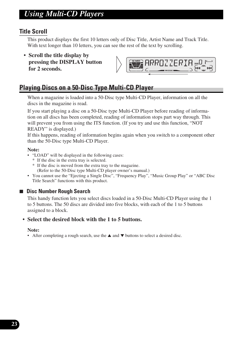 Title scroll, Playing discs on a 50-disc type, Multi-cd player | Audio adjustment, Using multi-cd players, Playing discs on a 50-disc type multi-cd player | Pioneer DEH-P3150-B User Manual | Page 24 / 116