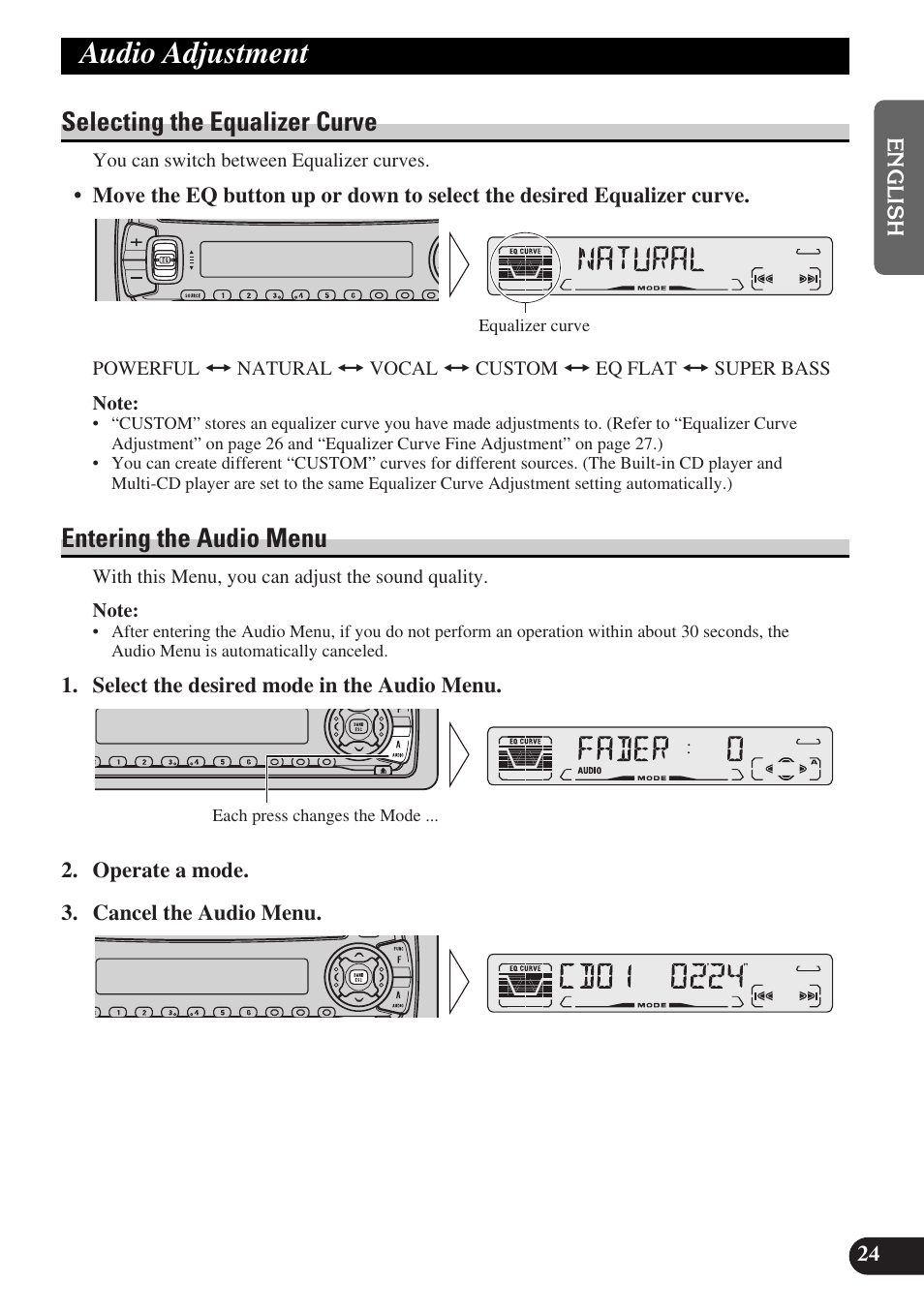 Audio adjustment, Selecting the equalizer curve, Entering the audio menu | Pioneer DEH-P3150-B User Manual | Page 25 / 116