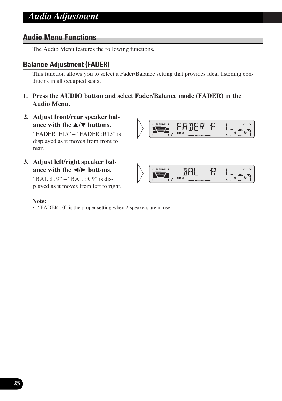 Audio menu functions, Balance adjustment (fader), Equalizer curve adjustment (eq-low/mid/high) | Audio adjustment | Pioneer DEH-P3150-B User Manual | Page 26 / 116