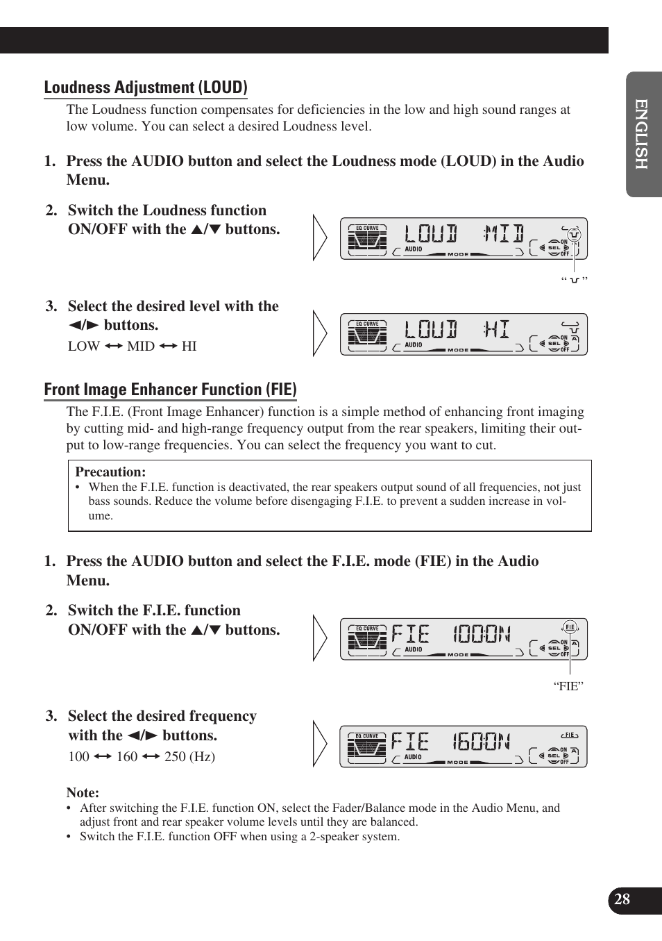 A title (english), Loudness adjustment (loud), Front image enhancer function (fie) | Pioneer DEH-P3150-B User Manual | Page 29 / 116