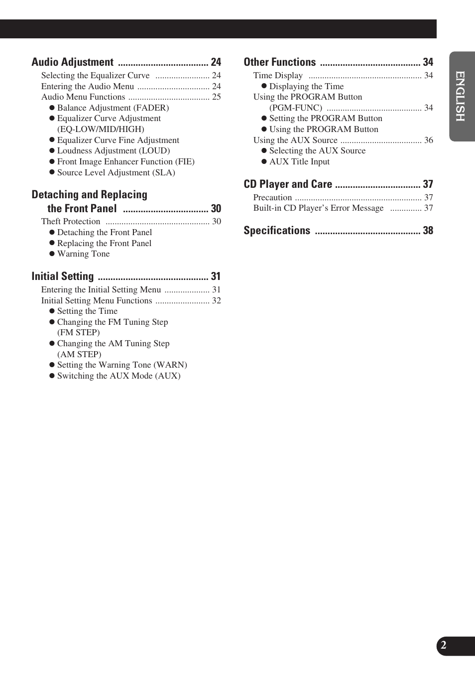 Audio adjustment, Detaching and replacing the front panel, Initial setting | Other functions, Cd player and care | Pioneer DEH-P3150-B User Manual | Page 3 / 116