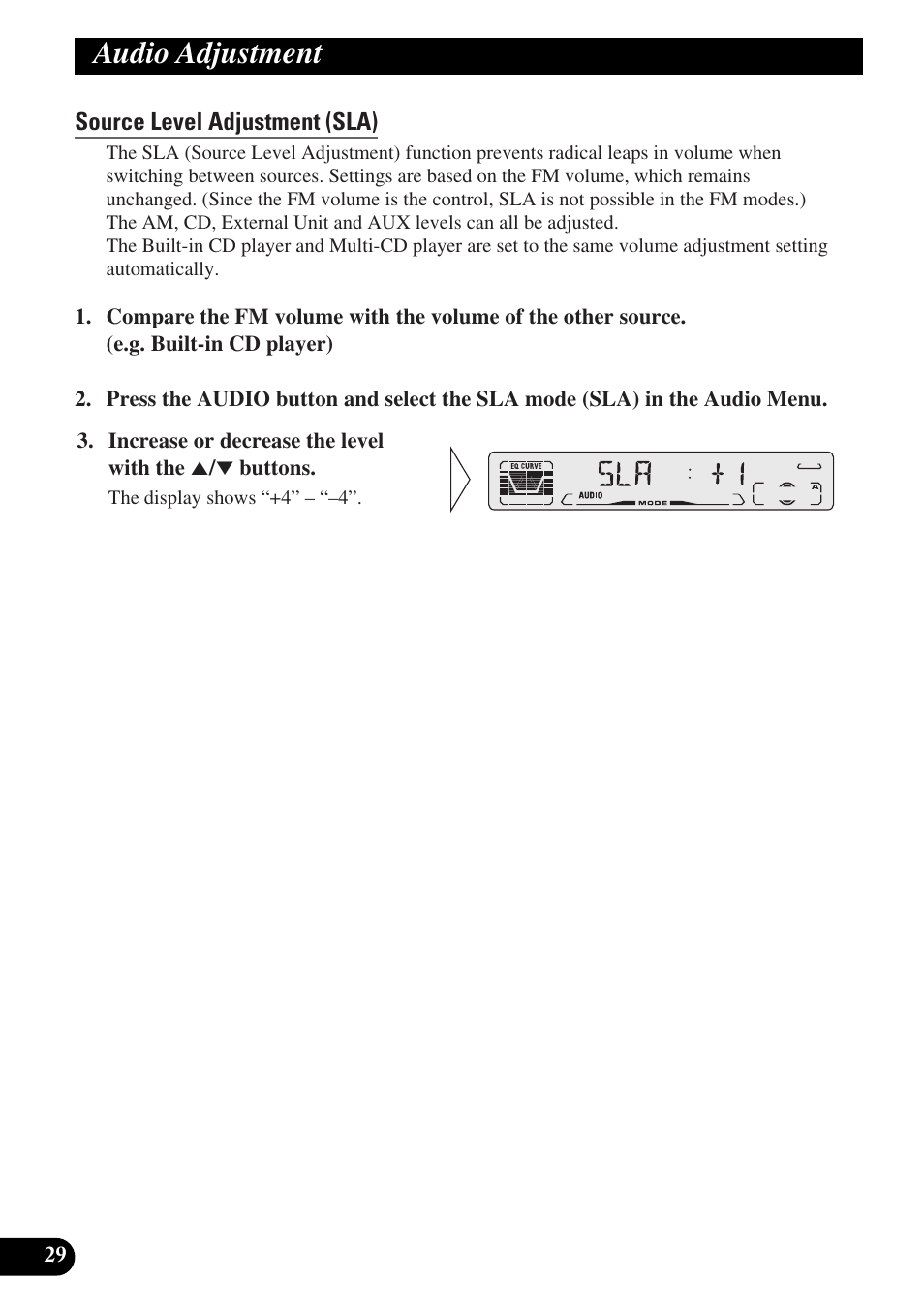 Source level adjustment (sla), Detaching and replacing, The front panel | Theft protection, Detaching the front panel, Replacing the front panel, Warning tone, Audio adjustment | Pioneer DEH-P3150-B User Manual | Page 30 / 116