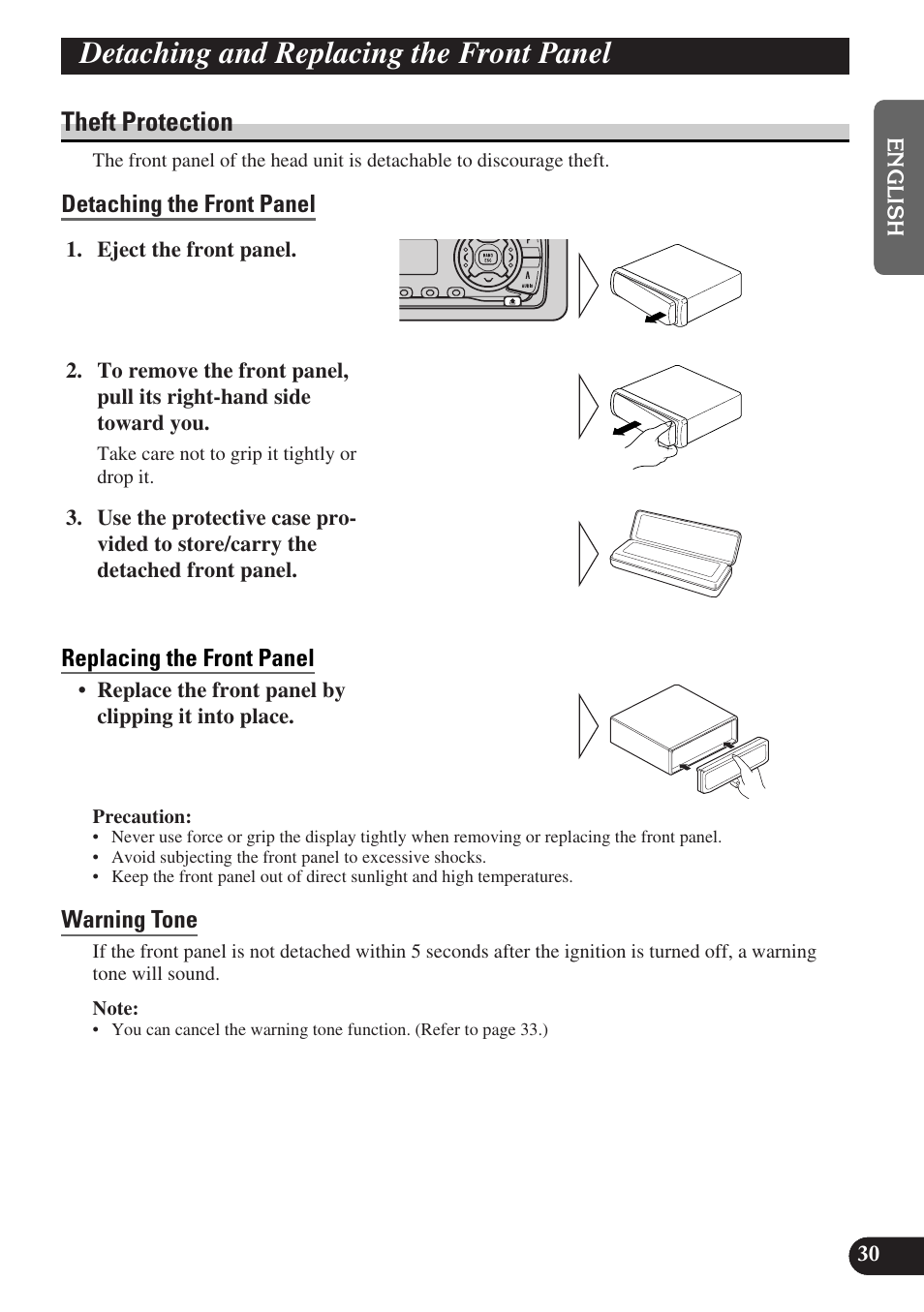 A title (english), Detaching and replacing the front panel, Theft protection | Pioneer DEH-P3150-B User Manual | Page 31 / 116