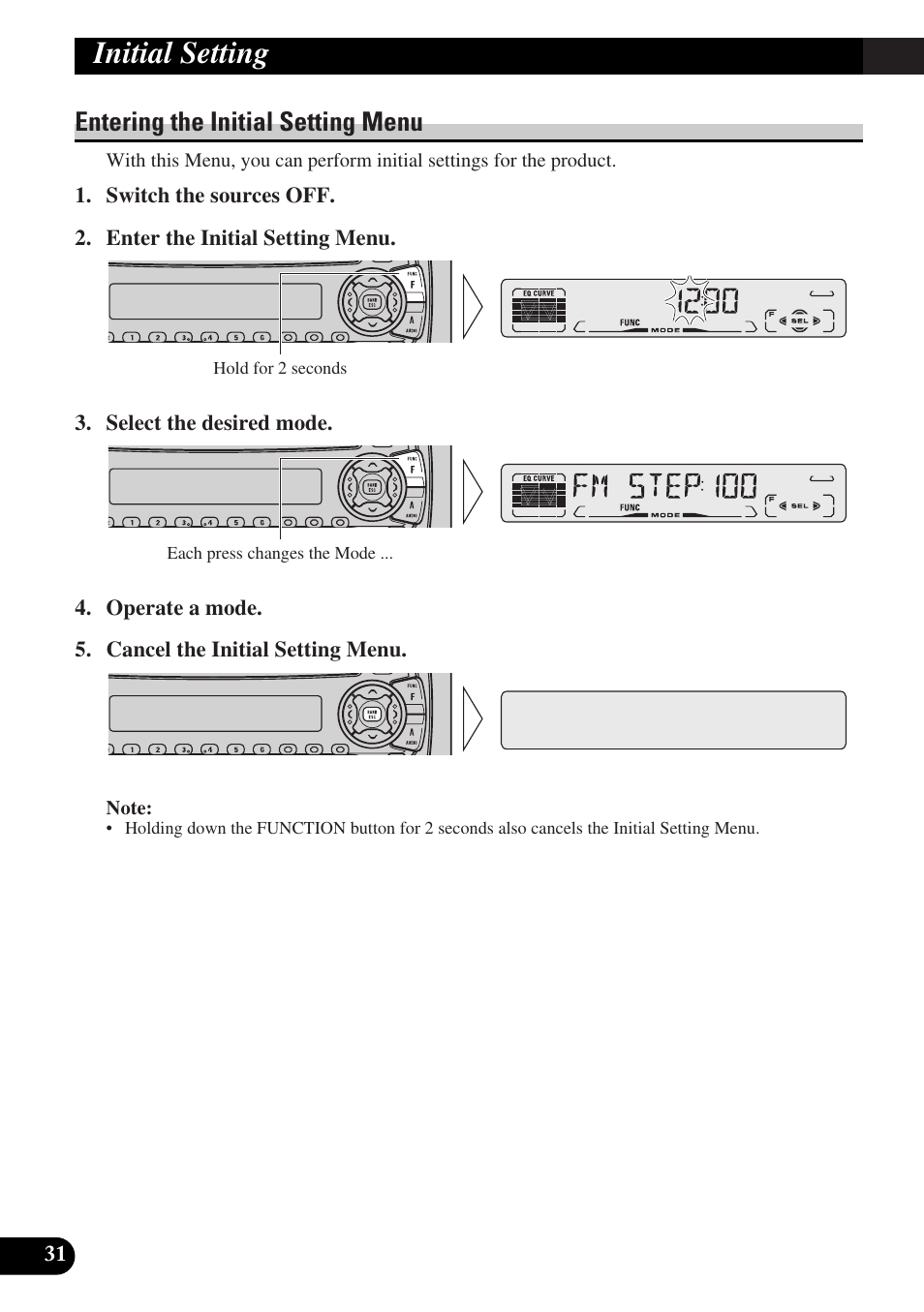 Initial setting, Setting the time, Changing the fm tuning step (fm step) | Entering the initial setting menu | Pioneer DEH-P3150-B User Manual | Page 32 / 116