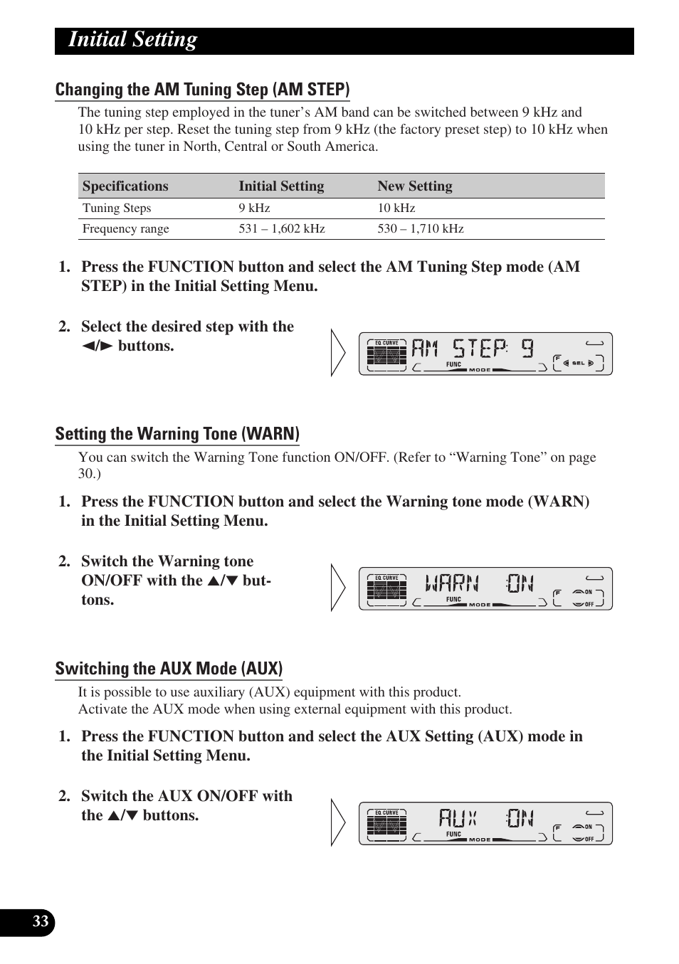 Changing the am tuning step (am step), Setting the warning tone (warn), Switching the aux mode (aux) | Other functions, Time display, Displaying the time, Using the program button, Pgm-func), Setting the program button, Initial setting | Pioneer DEH-P3150-B User Manual | Page 34 / 116