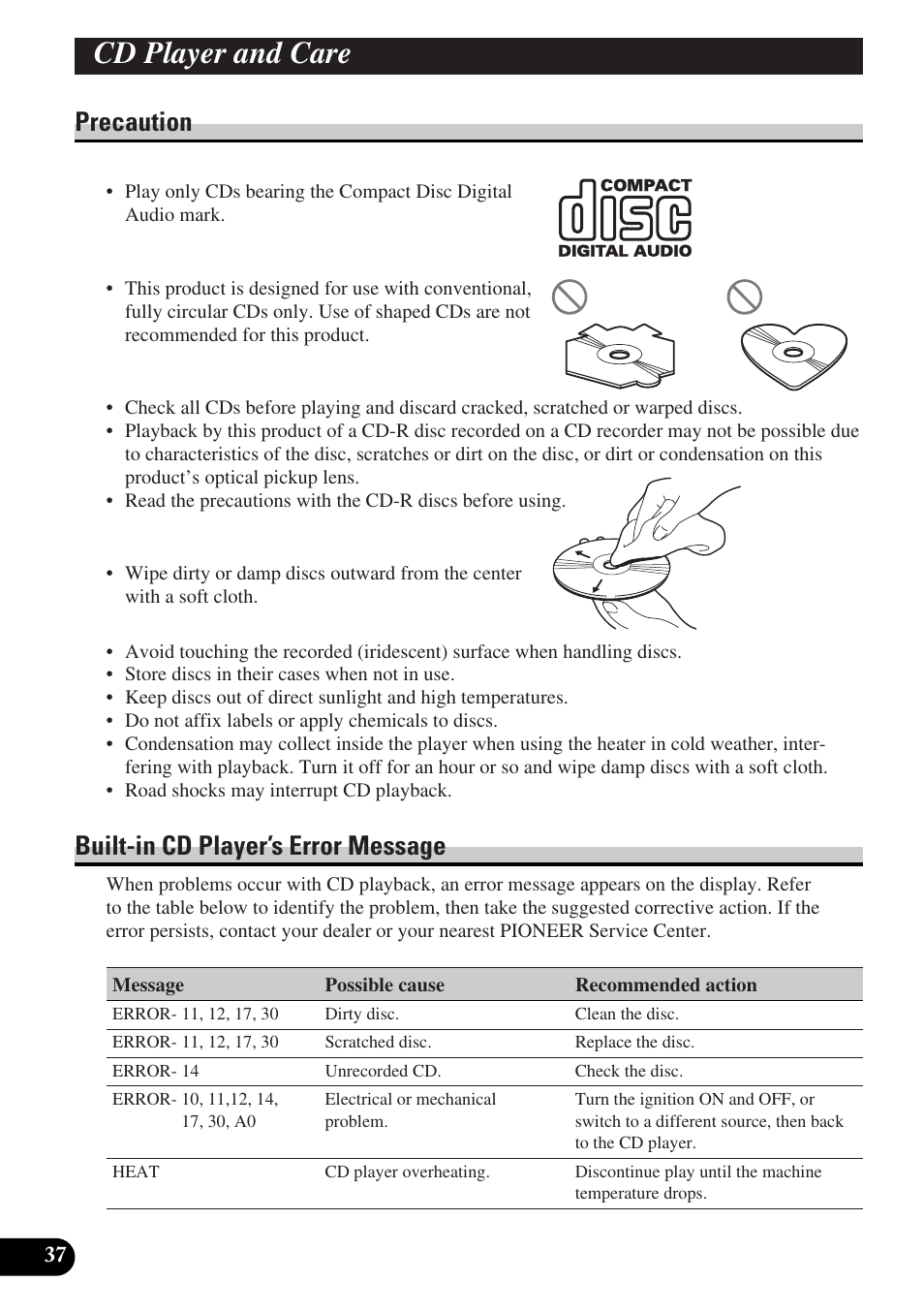 Cd player and care, Precaution built-in cd player’s error message, Specifications | A title (english) cd player and care, Precaution, Built-in cd player’s error message | Pioneer DEH-P3150-B User Manual | Page 38 / 116