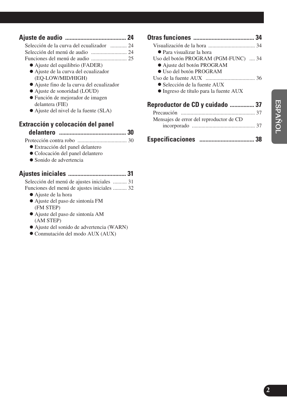 Ajuste de audio, Extracción y colocación del panel delantero, Ajustes iniciales | Otras funciones, Reproductor de cd y cuidado | Pioneer DEH-P3150-B User Manual | Page 41 / 116