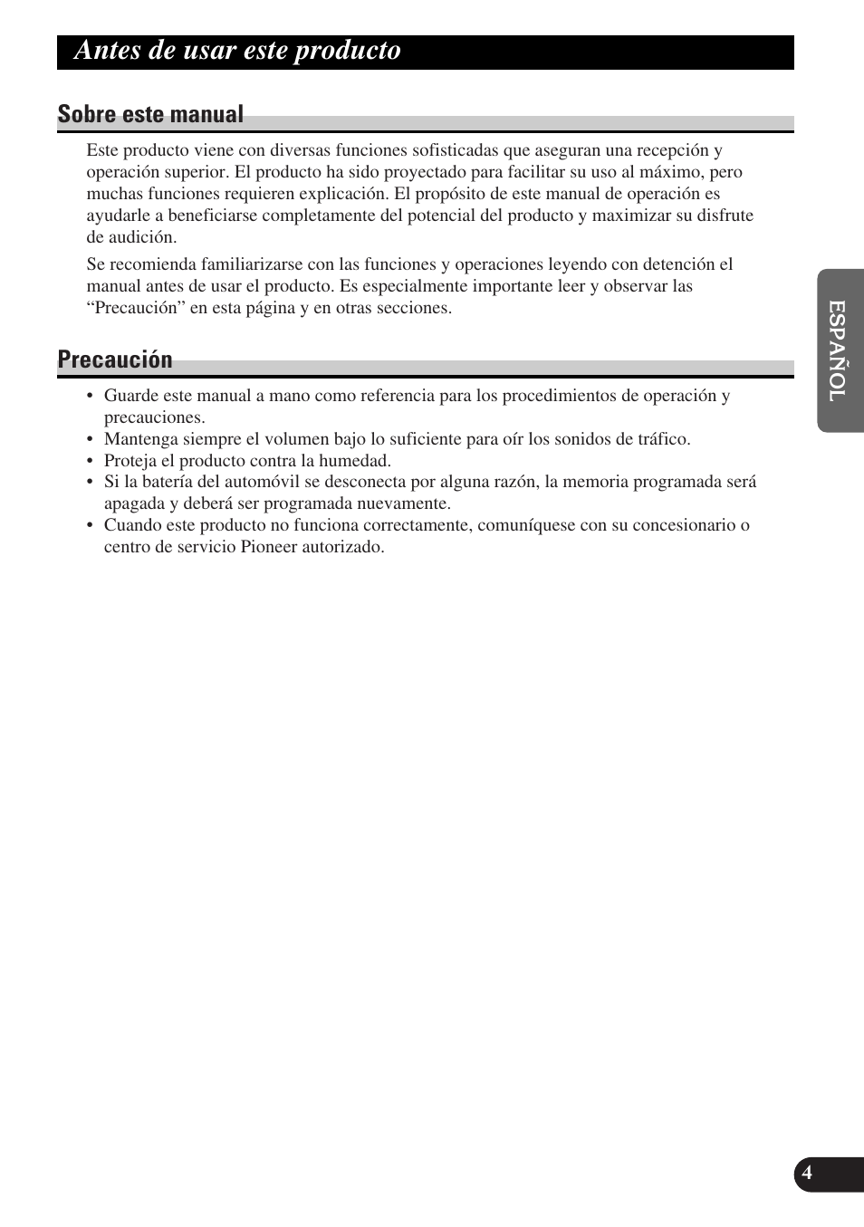 Antes de usar este producto, Sobre este manual, Precaución | Pioneer DEH-P3150-B User Manual | Page 43 / 116