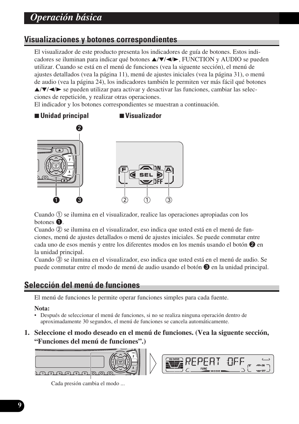 Visualizaciones y botones, Correspondientes, Operación básica | Visualizaciones y botones correspondientes, Selección del menú de funciones | Pioneer DEH-P3150-B User Manual | Page 48 / 116
