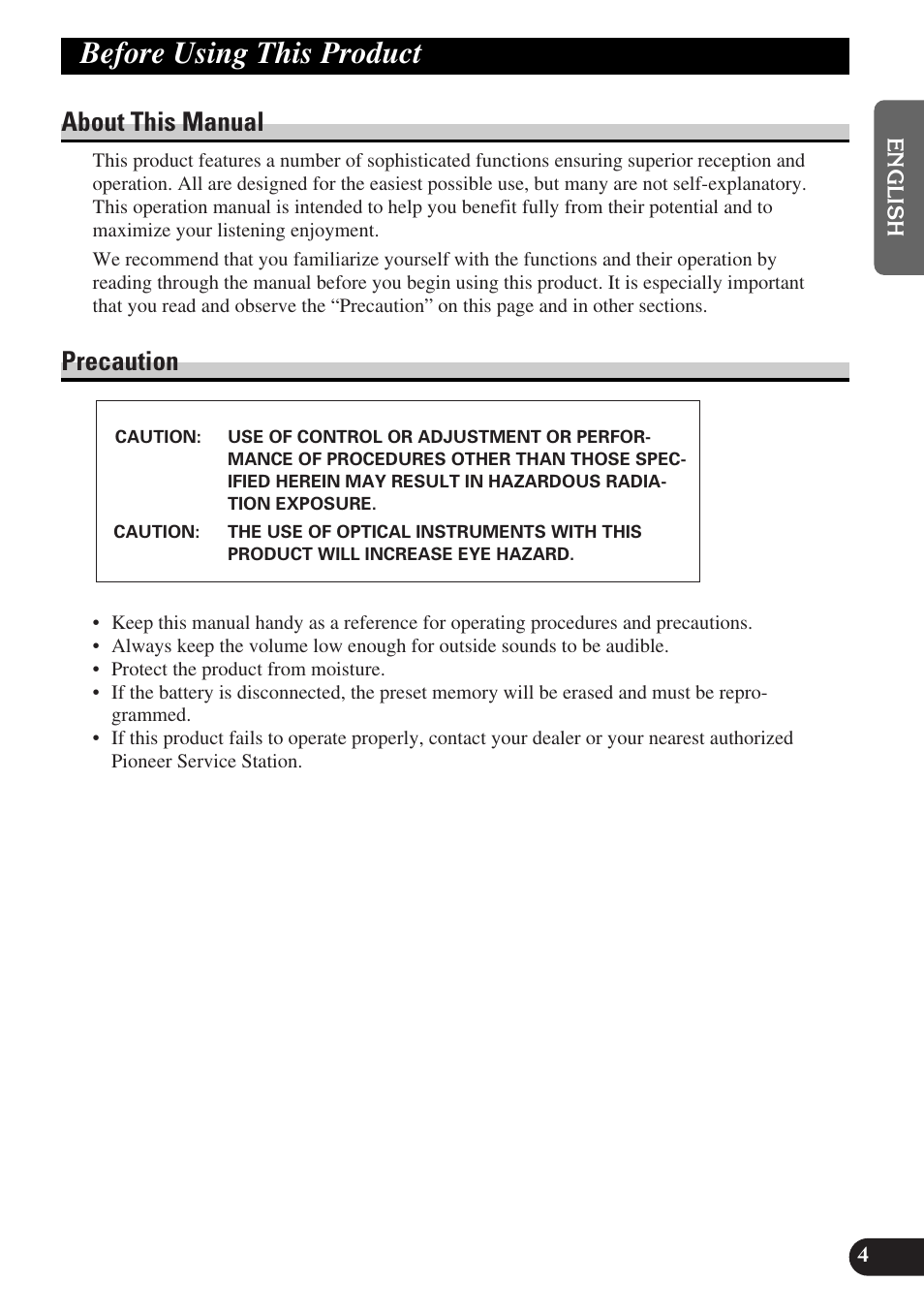 Before using this product, About this manual, Precaution | Pioneer DEH-P3150-B User Manual | Page 5 / 116