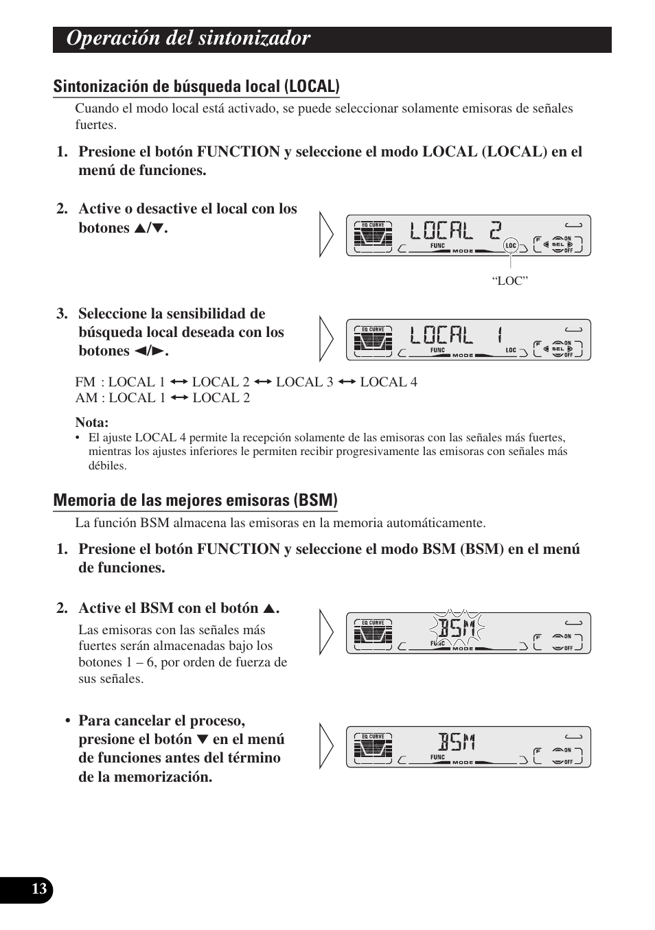 Operación del sintonizador, Sintonización de búsqueda local (local), Memoria de las mejores emisoras (bsm) | Uso del reproductor de cd, Incorporado, Reproducción de repetición (repeat), Reproducción aleatoria (random) | Pioneer DEH-P3150-B User Manual | Page 52 / 116