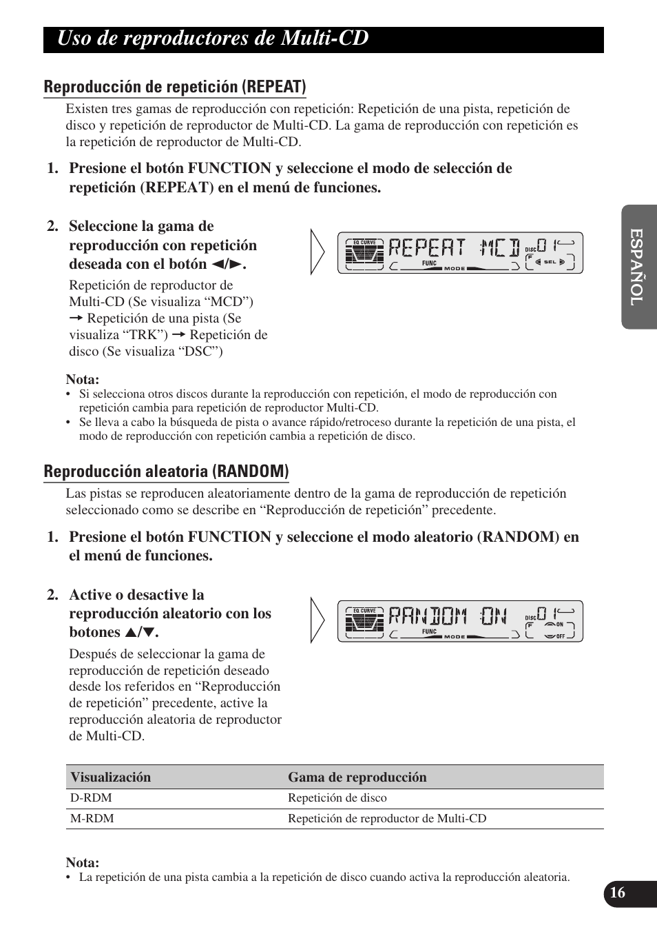 Uso de reproductores de multi-cd, Reproducción de repetición (repeat), Reproducción aleatoria (random) | Pioneer DEH-P3150-B User Manual | Page 55 / 116