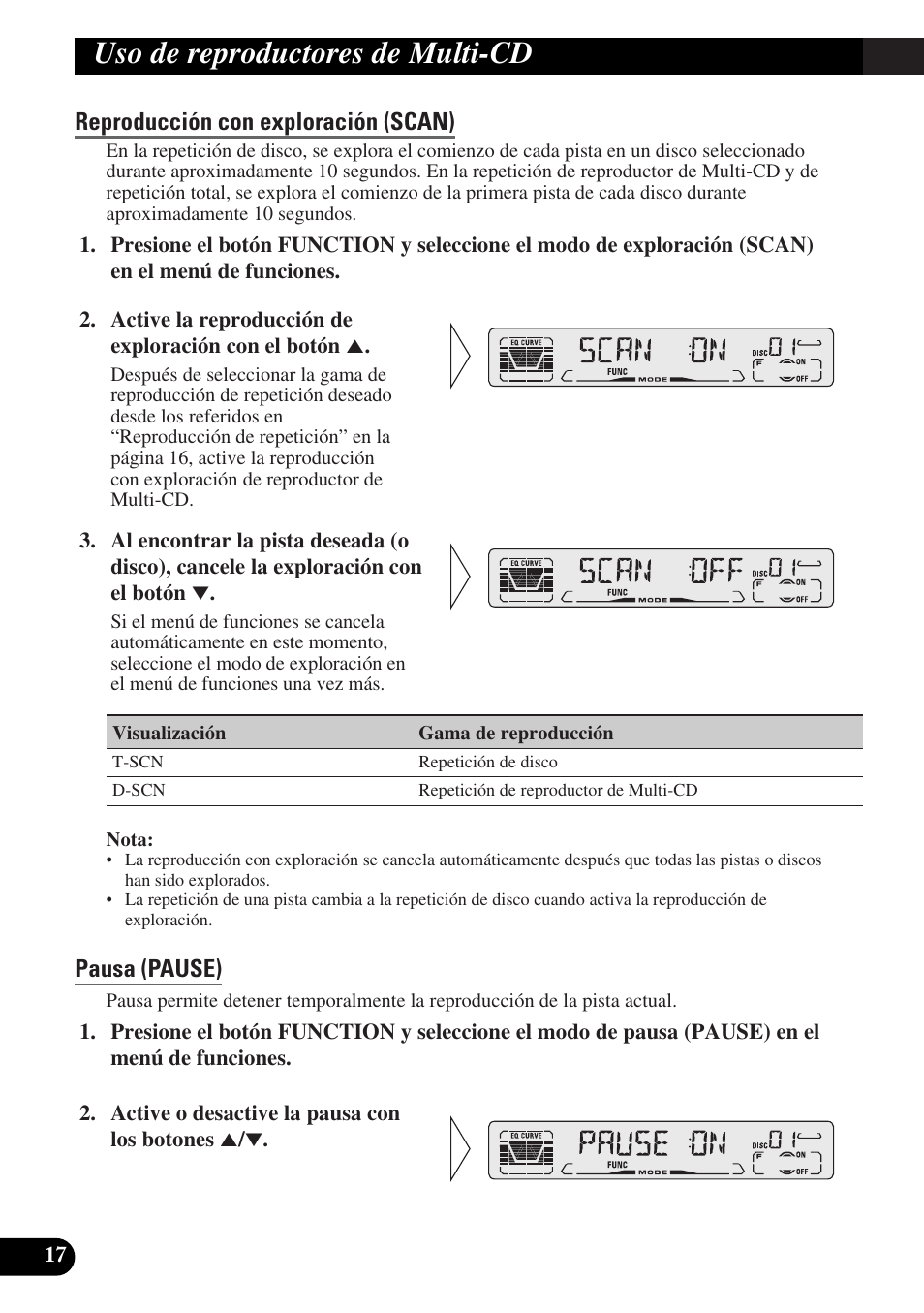 Reproducción con exploración (scan), Pausa (pause), Its (selección de canción instantánea) | Programación its (its), Reproducción its (its-p), Uso de reproductores de multi-cd | Pioneer DEH-P3150-B User Manual | Page 56 / 116