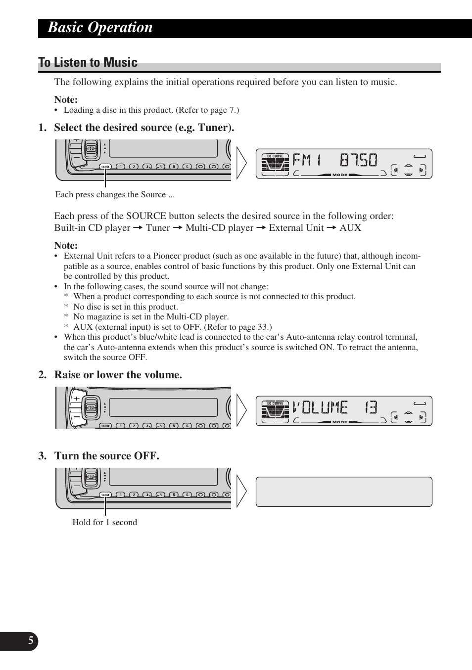 Basic operation, To listen to music basic operation of tuner, Manual and seek tuning | Preset tuning, Band | Pioneer DEH-P3150-B User Manual | Page 6 / 116