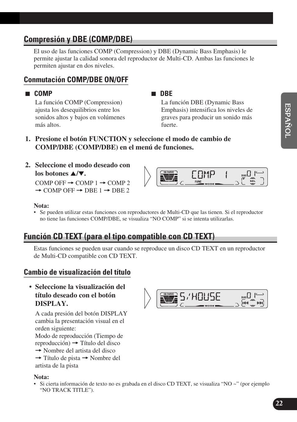 Compresión y dbe (comp/dbe), Conmutación comp/dbe on/off, Cambio de visualización del título | Pioneer DEH-P3150-B User Manual | Page 61 / 116