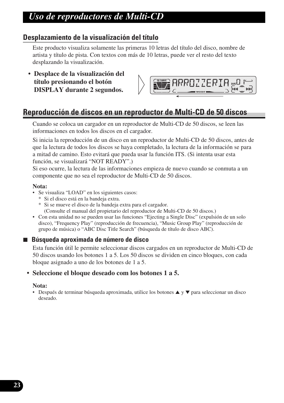 Desplazamiento de la visualización del título, Reproducción de discos en un reproductor, De multi-cd de 50 discos | Ajuste de audio, Uso de reproductores de multi-cd | Pioneer DEH-P3150-B User Manual | Page 62 / 116