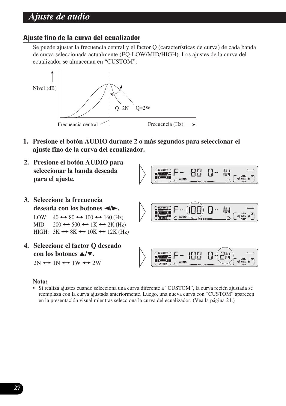 Ajuste fino de la curva del ecualizador, Ajuste de sonoridad (loud), Función de mejorador de imagen delantera (fie) | Ajuste de audio | Pioneer DEH-P3150-B User Manual | Page 66 / 116