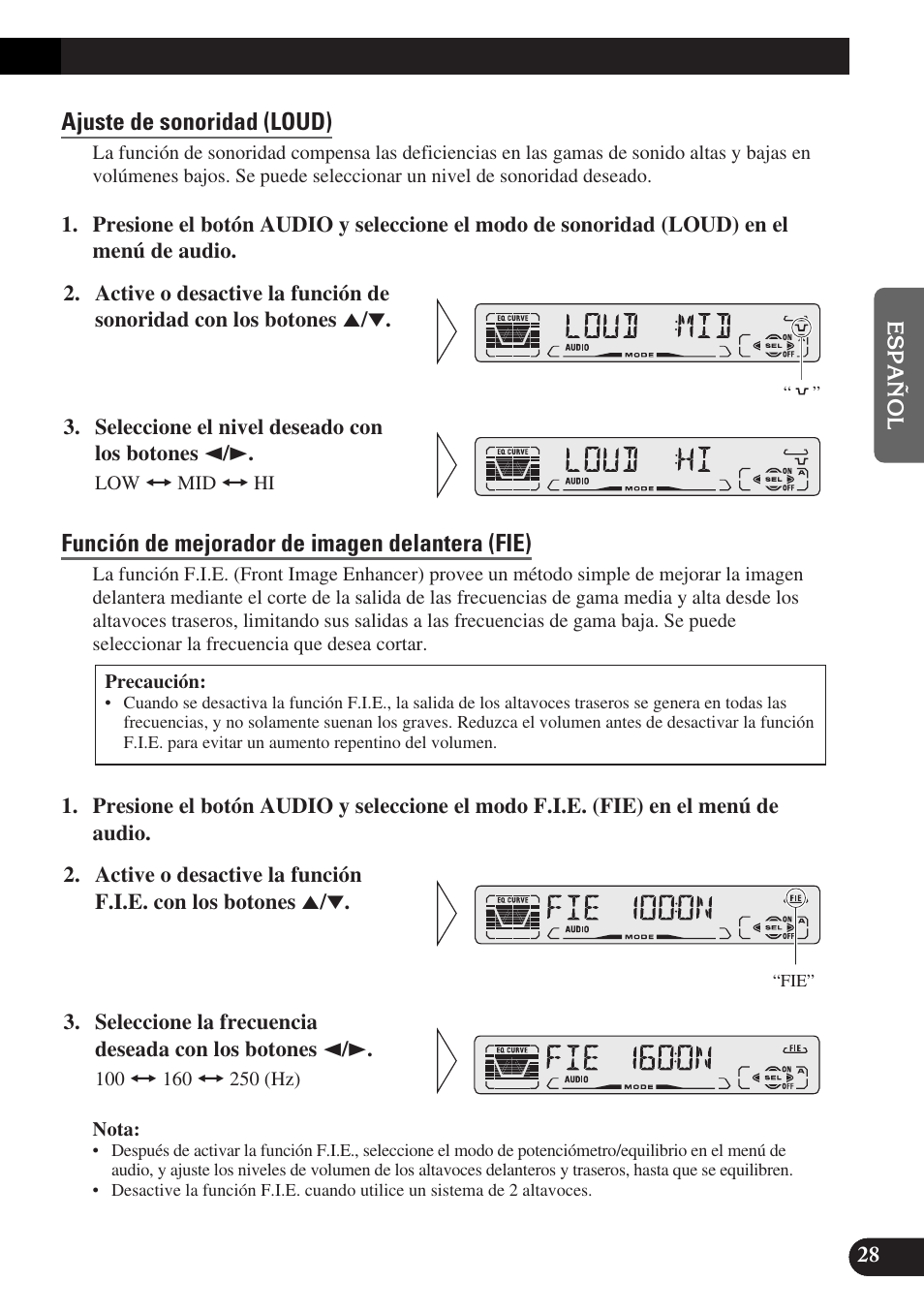 Ajuste de sonoridad (loud), Función de mejorador de imagen delantera (fie) | Pioneer DEH-P3150-B User Manual | Page 67 / 116
