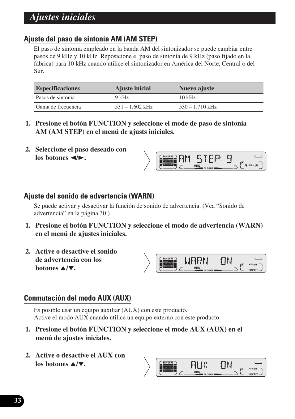 Ajuste del paso de sintonía fm (fm step), Ajuste del paso de sintonía am (am step), Ajuste del sonido de advertencia (warn) | Conmutación del modo aux (aux), Otras funciones, Visualización de la hora, Para visualizar la hora, Uso del botón program (pgm-func), Ajuste del botón program, Ajustes iniciales | Pioneer DEH-P3150-B User Manual | Page 72 / 116