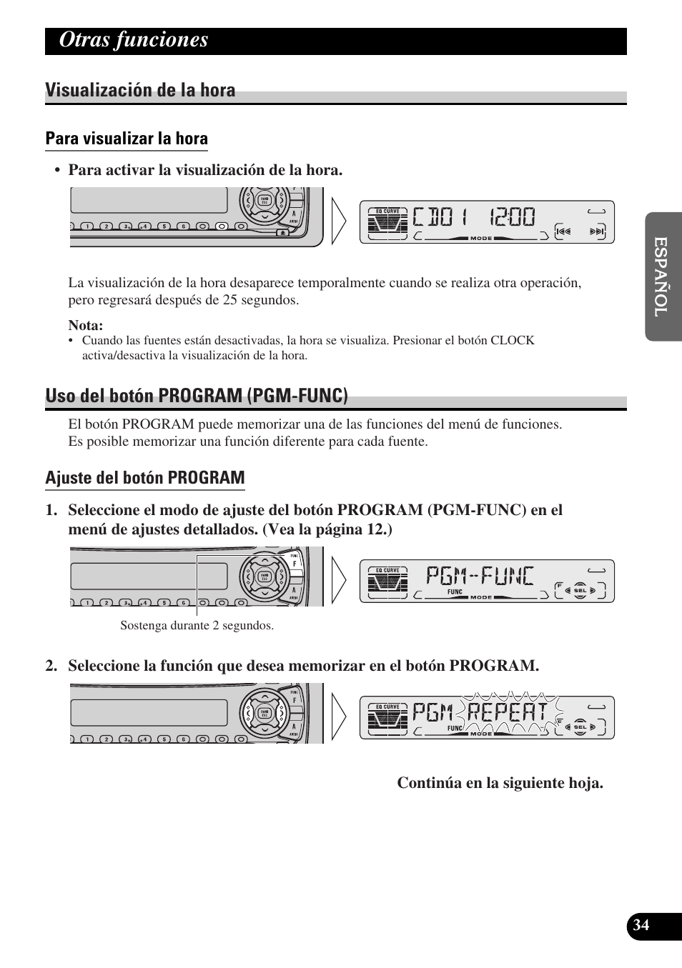 Otras funciones, Visualización de la hora, Uso del botón program (pgm-func) | Pioneer DEH-P3150-B User Manual | Page 73 / 116