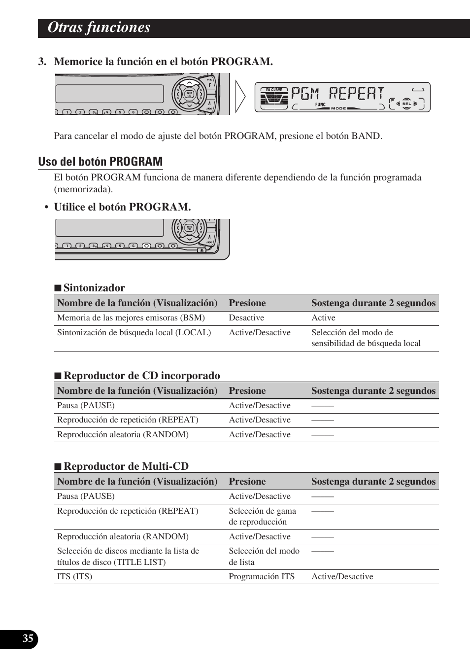 Uso del botón program, Uso de la fuente aux, Selección de la fuente aux | Ingreso de título para la fuente aux, Otras funciones | Pioneer DEH-P3150-B User Manual | Page 74 / 116
