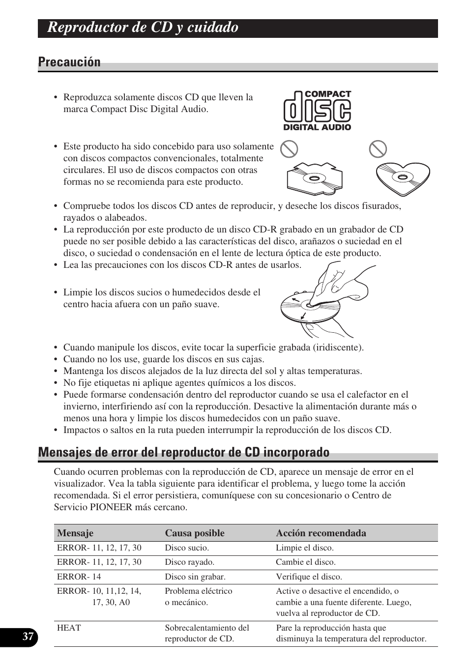 Reproductor de cd y cuidado, Precaución mensajes de error del reproductor de cd, Incorporado | Especificaciones, Precaución | Pioneer DEH-P3150-B User Manual | Page 76 / 116