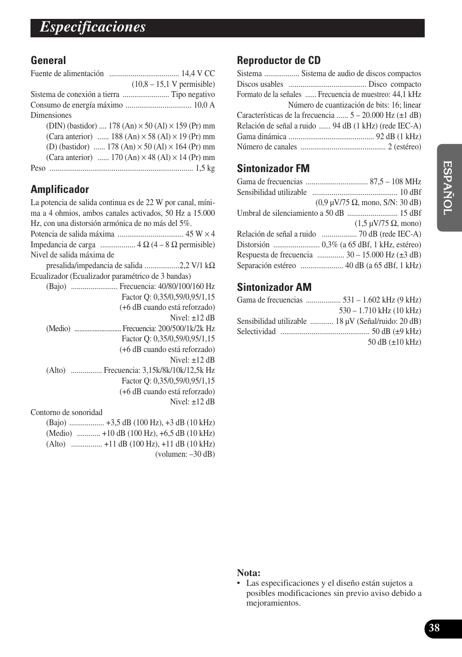 Especificaciones | Pioneer DEH-P3150-B User Manual | Page 77 / 116