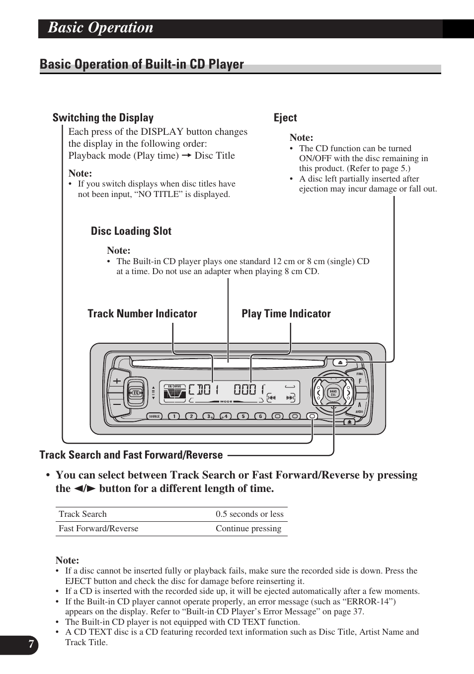 Basic operation of built-in cd player, Switching the display, Eject | Disc loading slot, Track search and fast forward/reverse, Basic operation of multi-cd player, Disc search, Disc number search (for 6-disc, 12-disc types), Basic operation | Pioneer DEH-P3150-B User Manual | Page 8 / 116