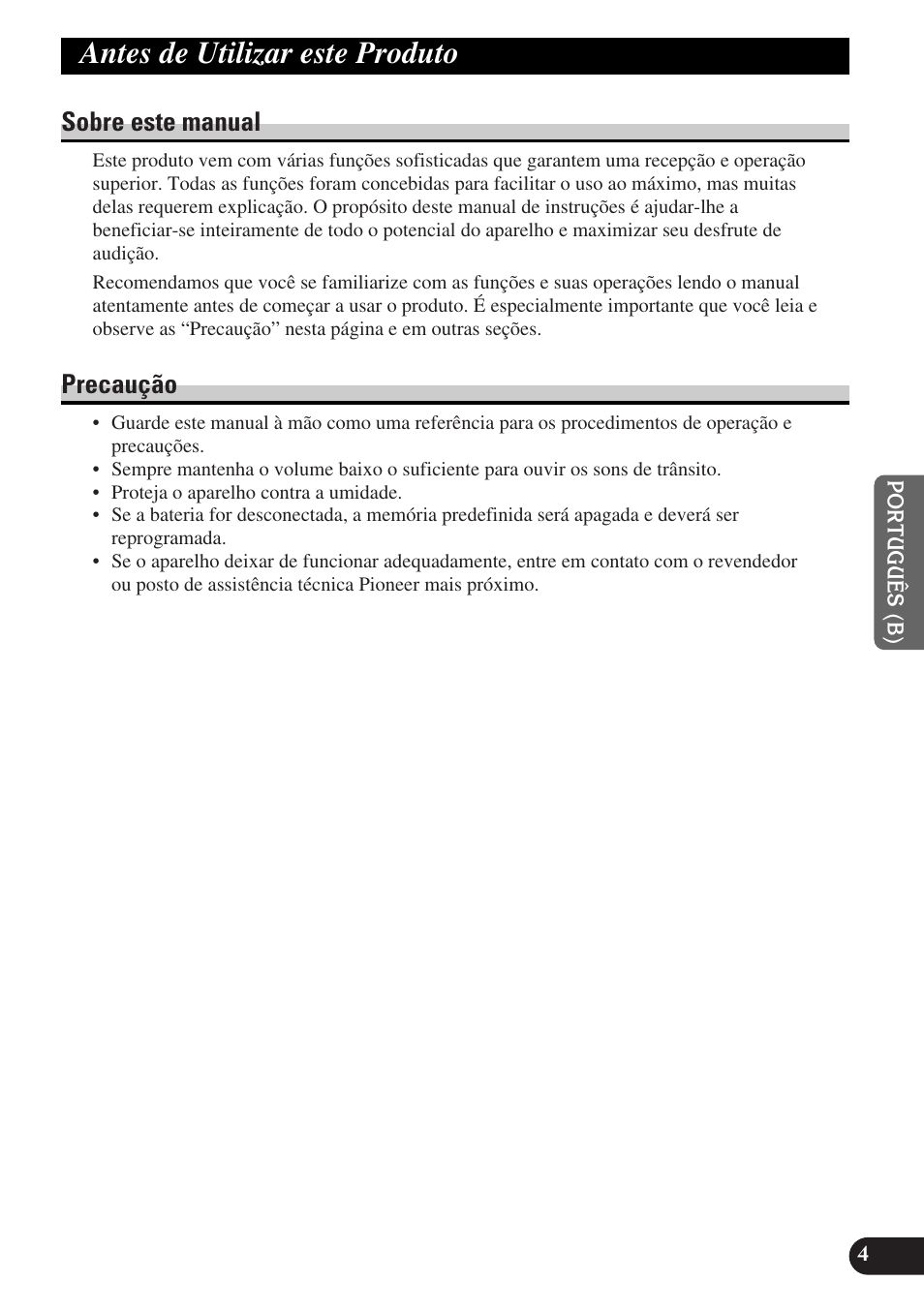 Antes de utilizar este produto, Sobre este manual, Precaução | Pioneer DEH-P3150-B User Manual | Page 81 / 116