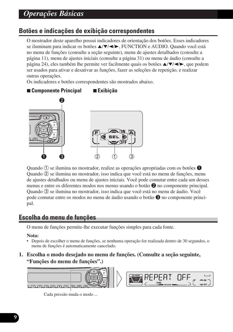 Botões e indicações de exibição, Correspondentes, Operações básicas | Botões e indicações de exibição correspondentes, Escolha do menu de funções | Pioneer DEH-P3150-B User Manual | Page 86 / 116
