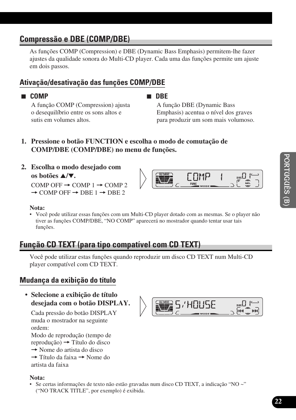 Compressão e dbe (comp/dbe), Função cd text (para tipo compatível com cd text), Ativação/desativação das funções comp/dbe | Mudança da exibição do título | Pioneer DEH-P3150-B User Manual | Page 99 / 116